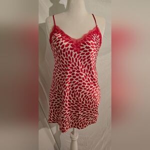 Victoria's Secret Red & White Kisses Satin Lace-Trim Chemise